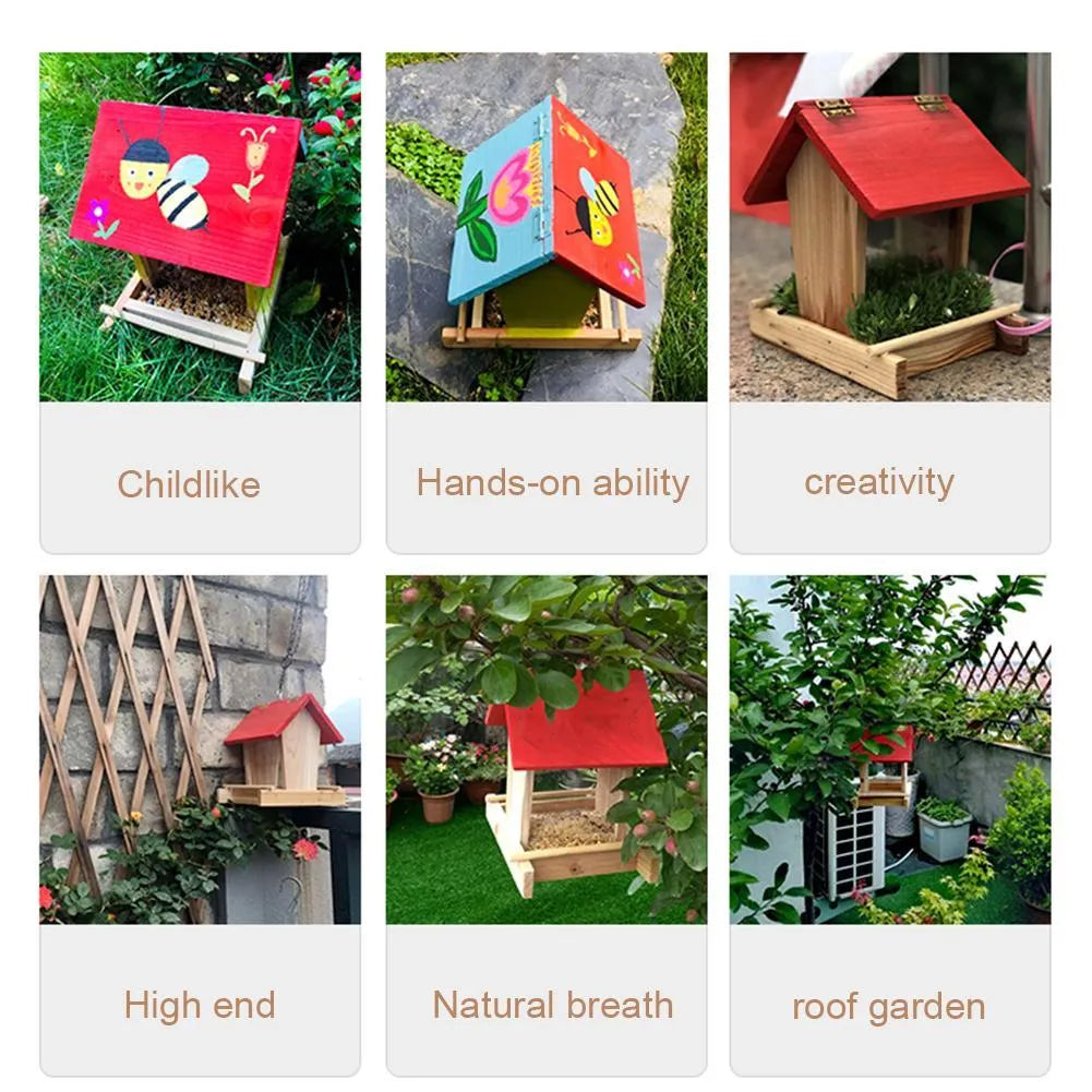 Suspended pine wood bird feeder with red roof and log texture measuring 205x165x210mm