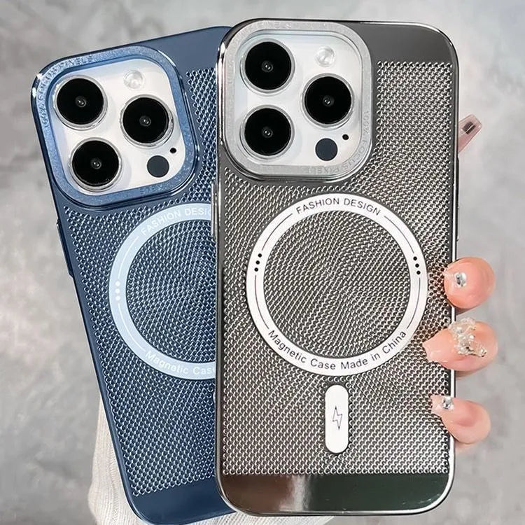 Electroplated magnetic iPhone case in black showing MagSafe compatibility and protective design