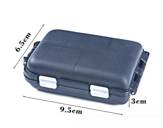 Black plastic fishing tackle storage box with 10 internal compartments open to show grid layout