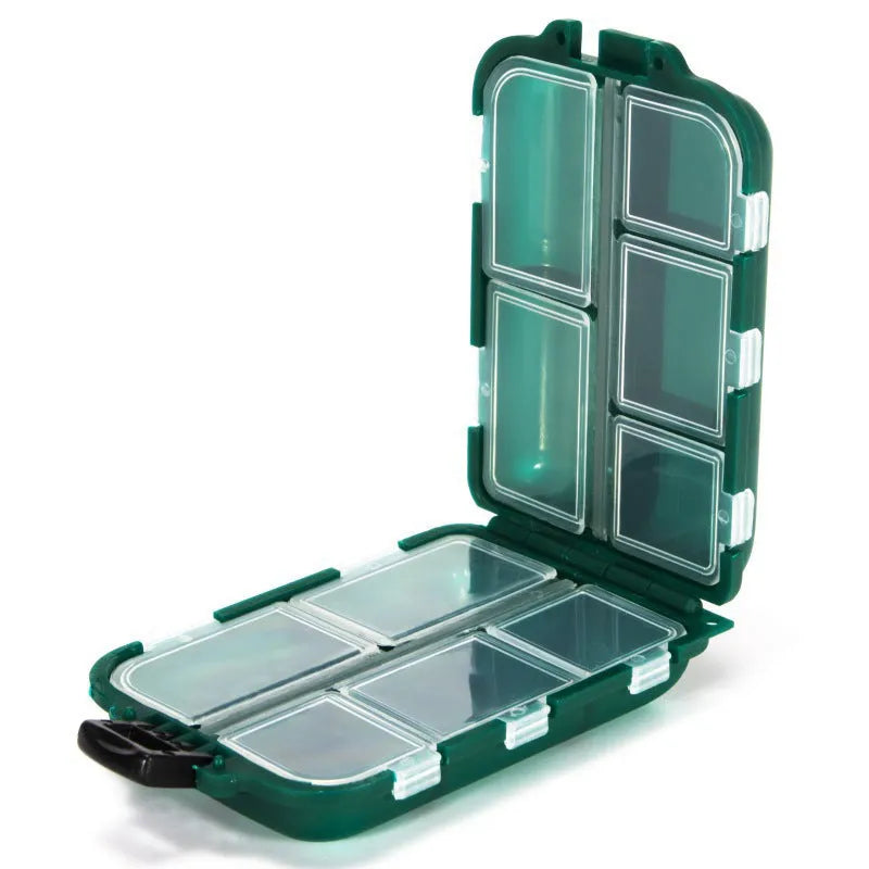 Black plastic fishing tackle storage box with 10 internal compartments open to show grid layout