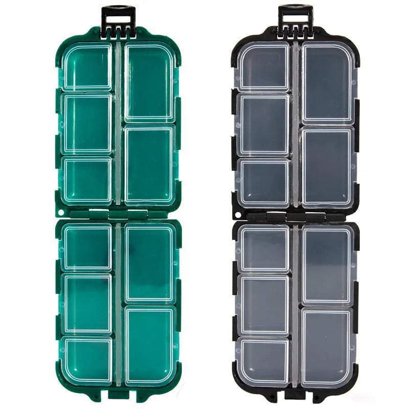 Black plastic fishing tackle storage box with 10 internal compartments open to show grid layout