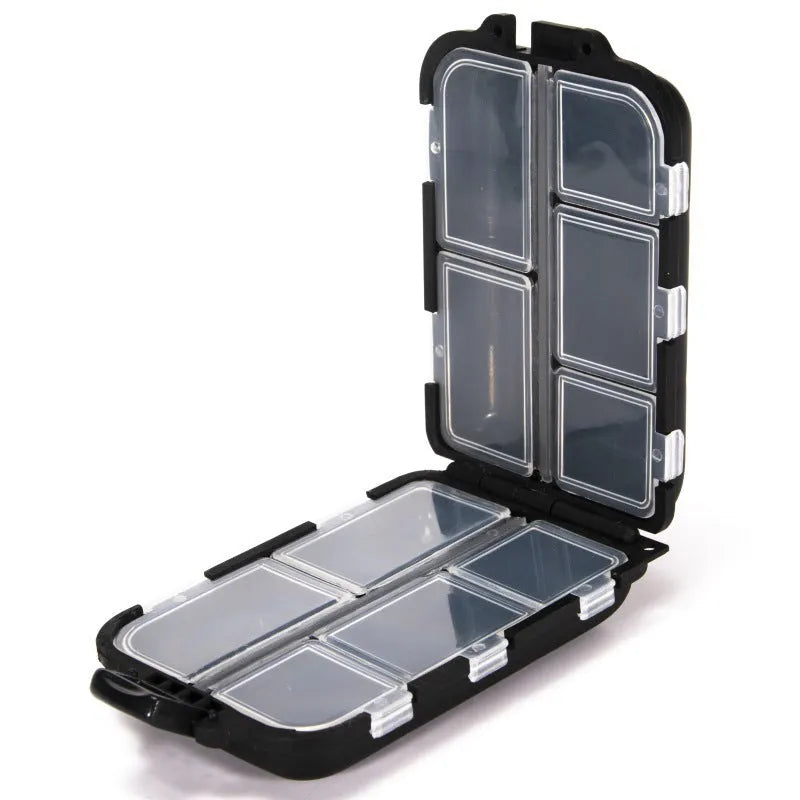 Black plastic fishing tackle storage box with 10 internal compartments open to show grid layout