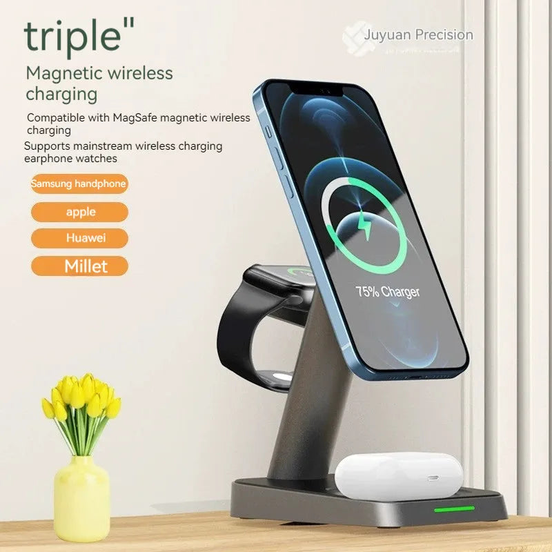 Black cube-shaped 3-in-1 wireless charging station with phone pad, watch dock and 10000mAh power bank.