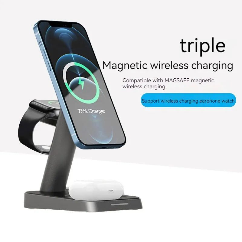 Black cube-shaped 3-in-1 wireless charging station with phone pad, watch dock and 10000mAh power bank.