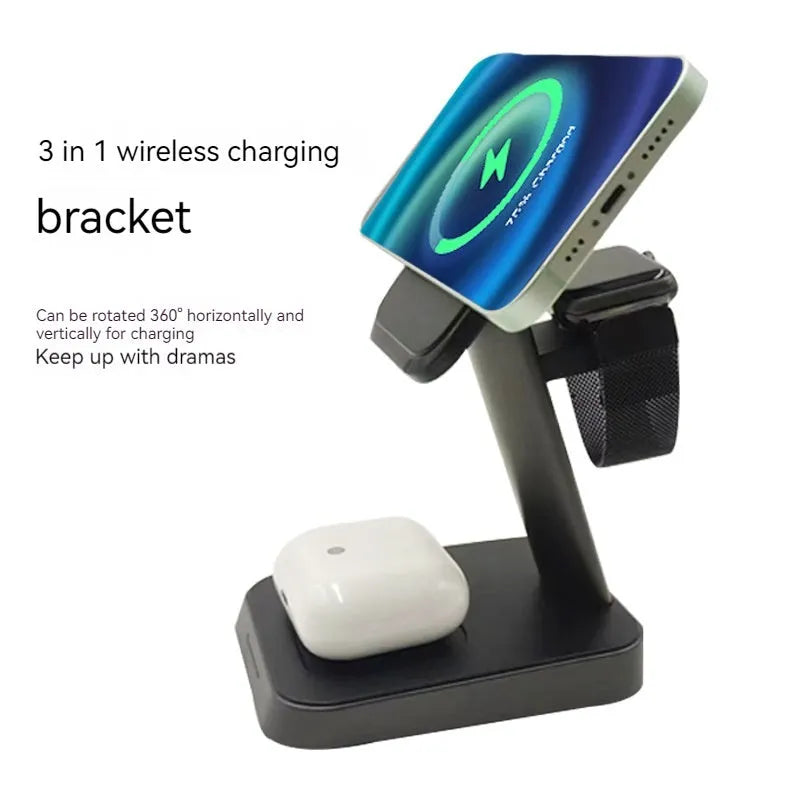 Black cube-shaped 3-in-1 wireless charging station with phone pad, watch dock and 10000mAh power bank.