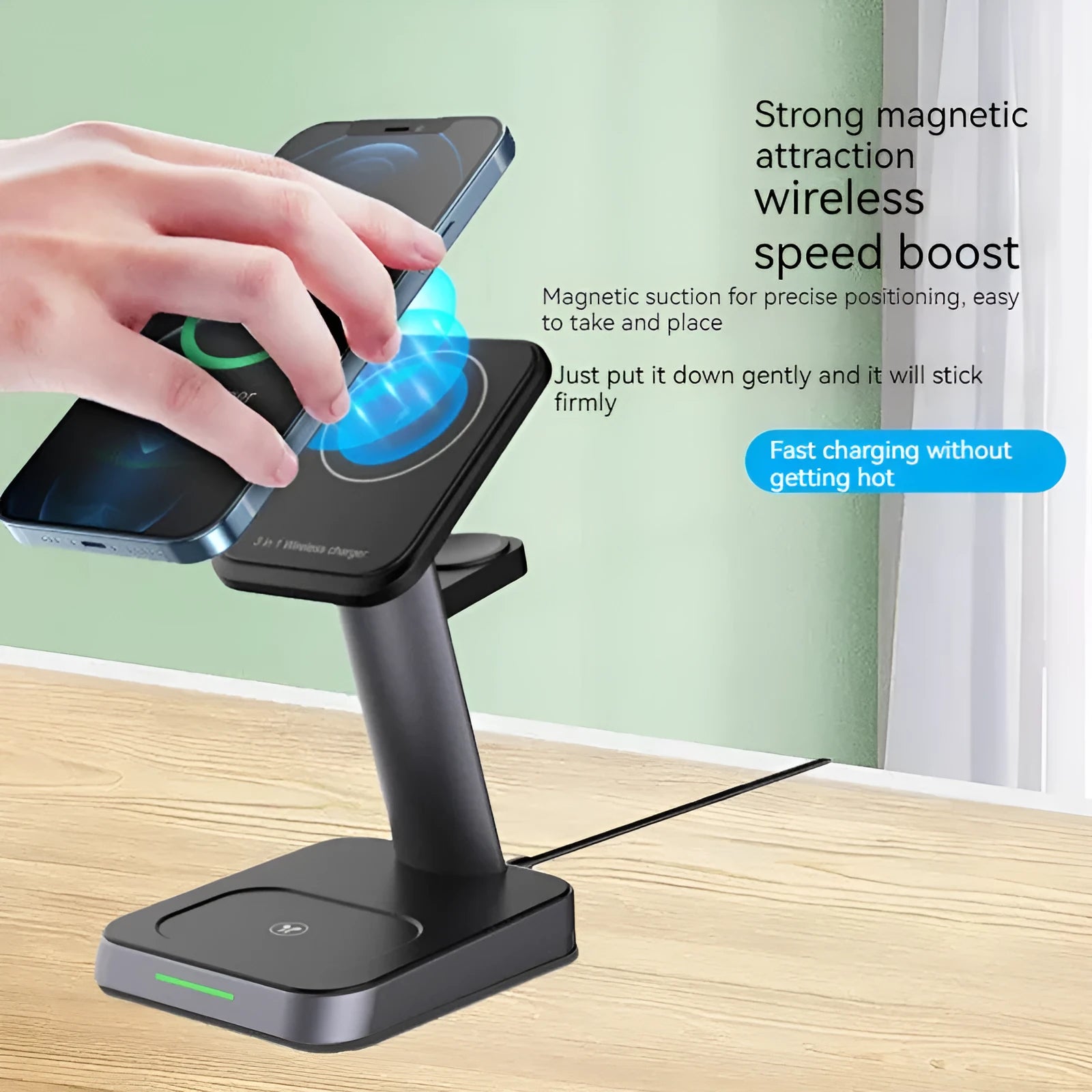 Black cube-shaped 3-in-1 wireless charging station with phone pad, watch dock and 10000mAh power bank.