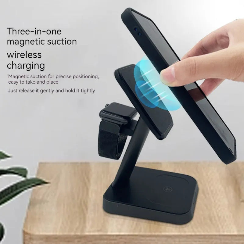 Black cube-shaped 3-in-1 wireless charging station with phone pad, watch dock and 10000mAh power bank.