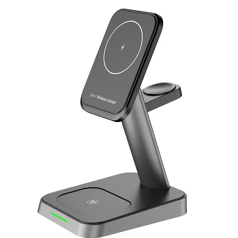 Black cube-shaped 3-in-1 wireless charging station with phone pad, watch dock and 10000mAh power bank.