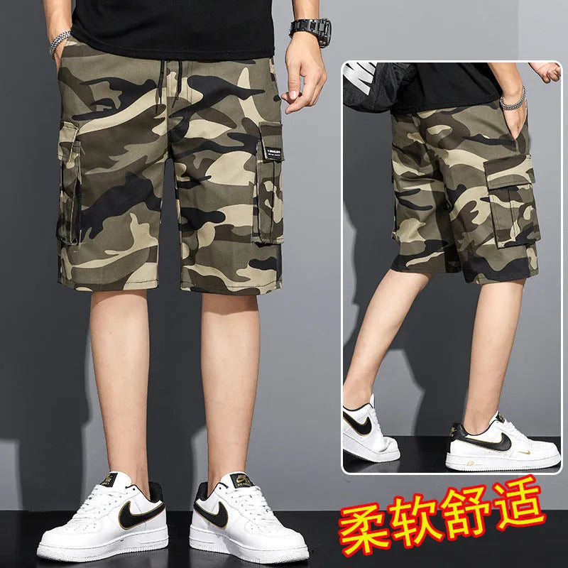 Men's camouflage five-point workwear shorts, mid waist drawstring, thin polyester, sizes M to 4XL