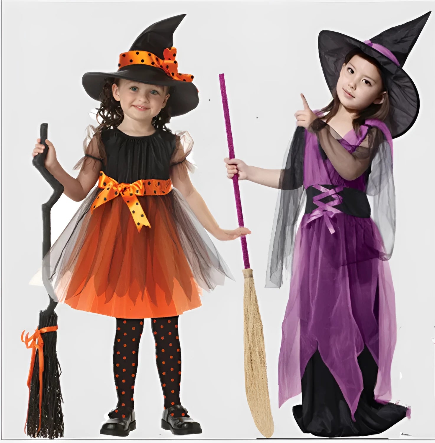 A child's witches costume for role play made from linen-blend fabric, shown on a hanger.