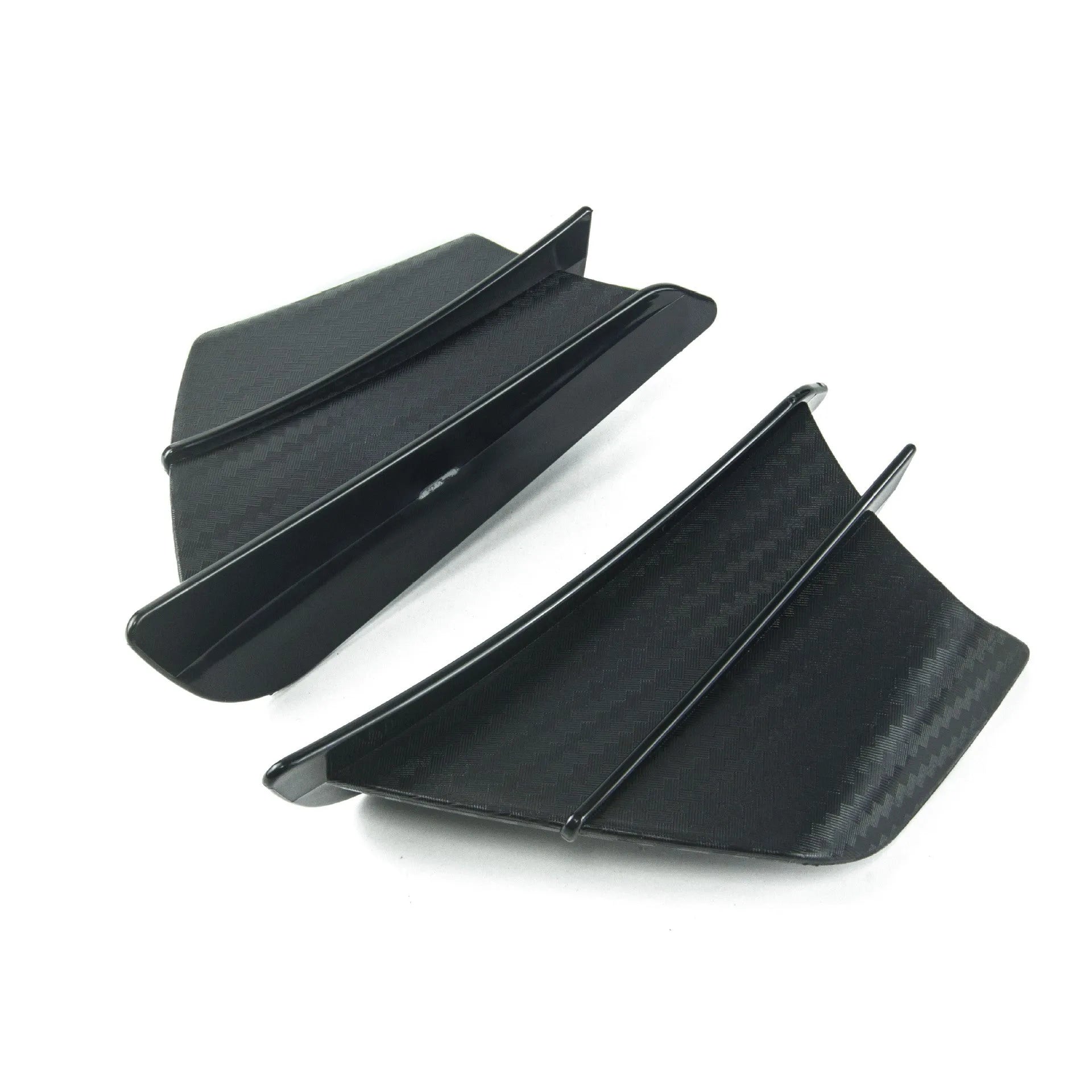 Universal motorcycle spoiler wings in four finish options: pure black, glossy forged, glossy carbon fibre, and elegant black carbon fibre pattern