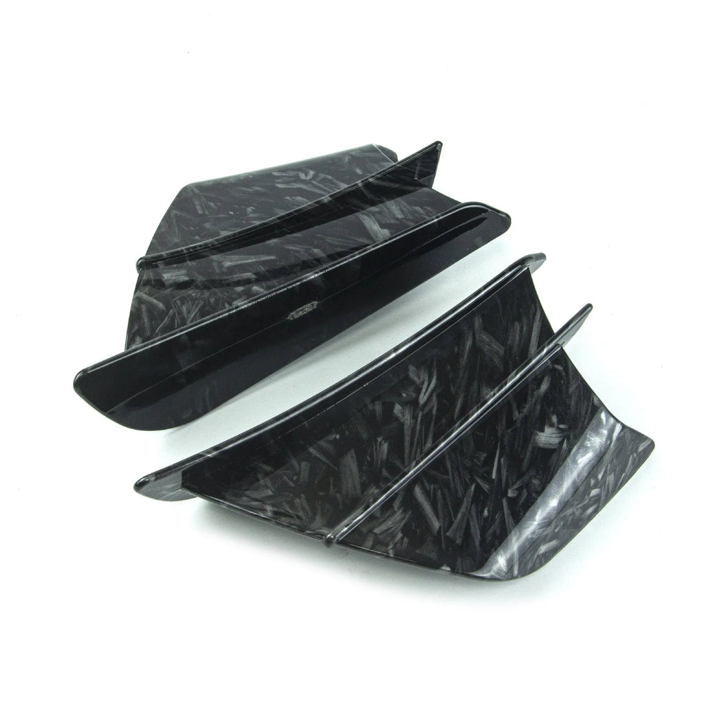 Universal motorcycle spoiler wings in four finish options: pure black, glossy forged, glossy carbon fibre, and elegant black carbon fibre pattern