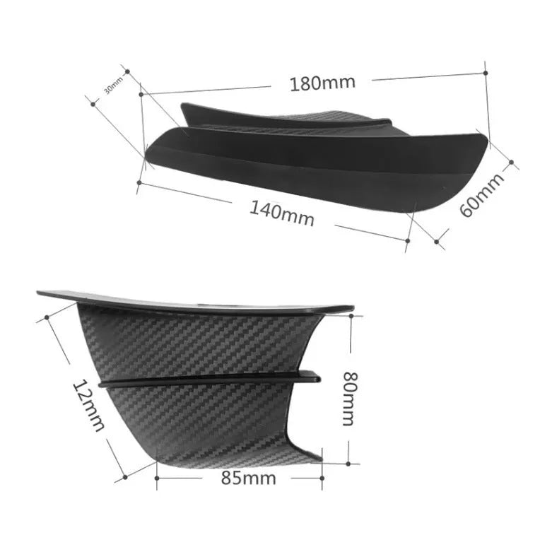 Universal motorcycle spoiler wings in four finish options: pure black, glossy forged, glossy carbon fibre, and elegant black carbon fibre pattern