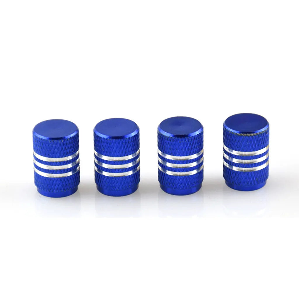 Set of coloured aluminium alloy car tyre valve caps showing black, red, blue, gold, and silver options.