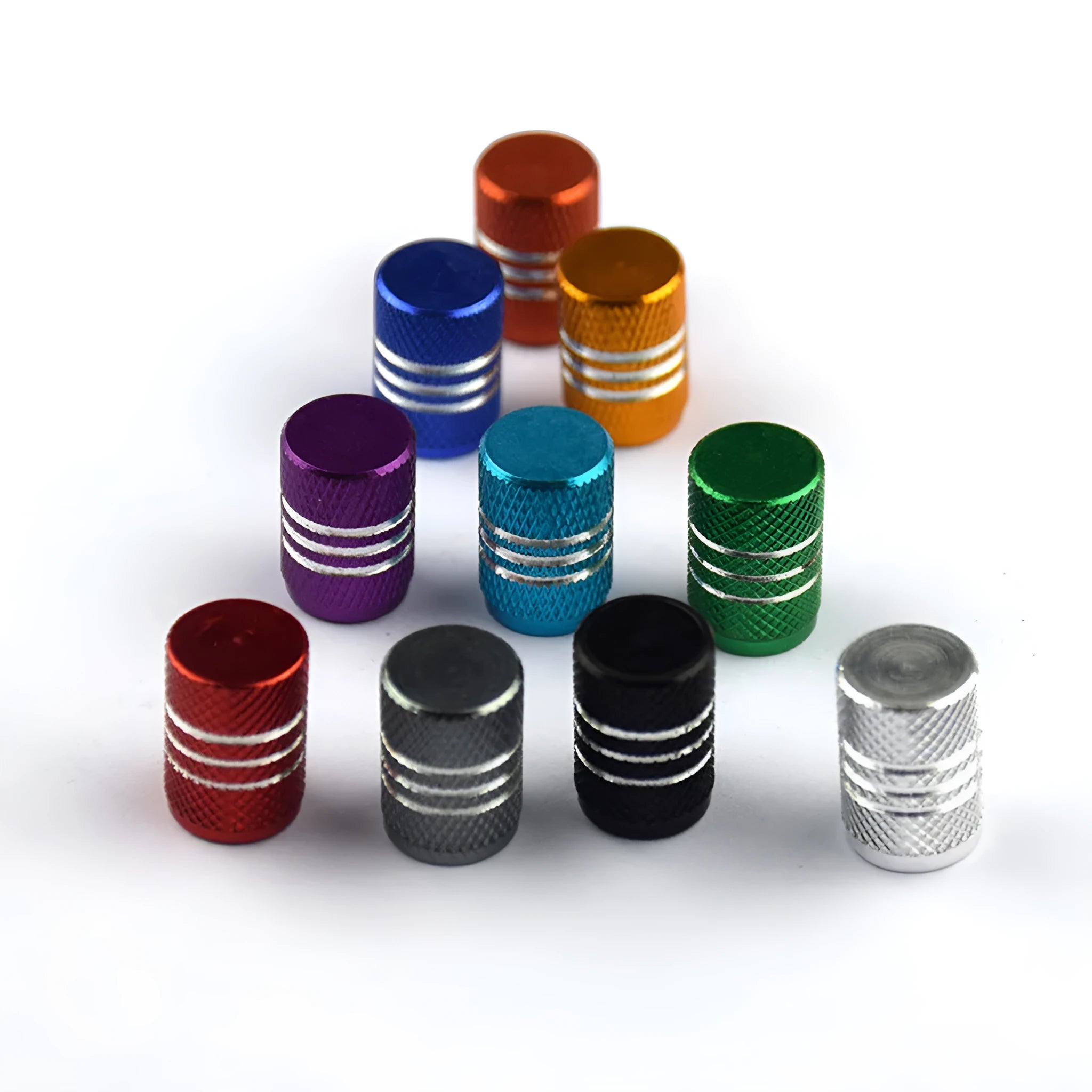 Set of coloured aluminium alloy car tyre valve caps showing black, red, blue, gold, and silver options.