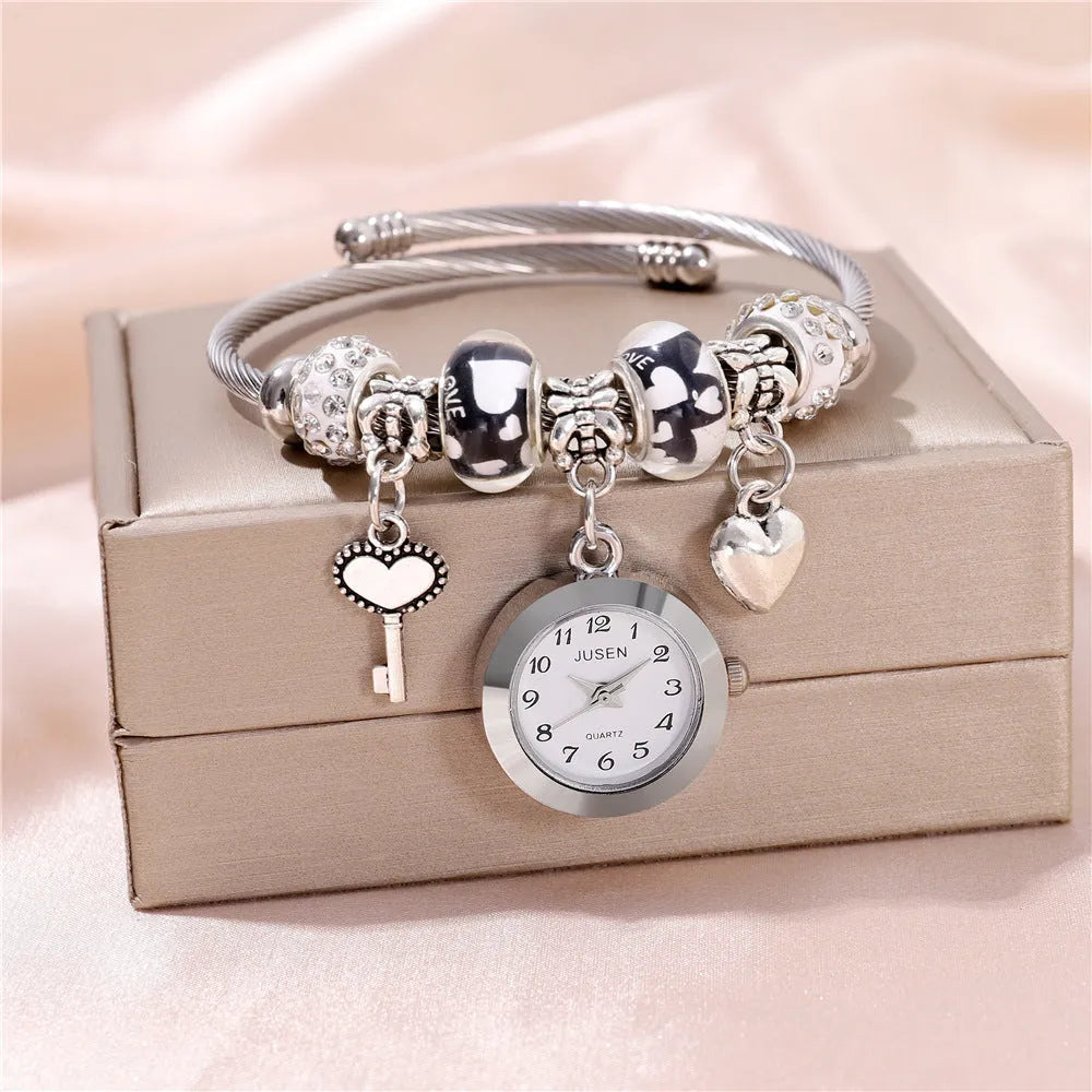 Women's bangle quartz watch with love heart key pendant, alloy strap, 2.1 cm dial, black colour