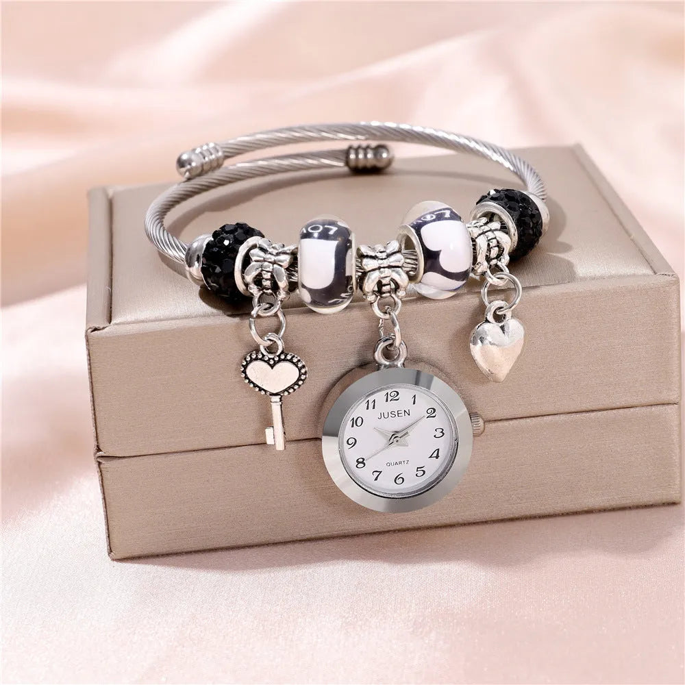 Women's bangle quartz watch with love heart key pendant, alloy strap, 2.1 cm dial, black colour