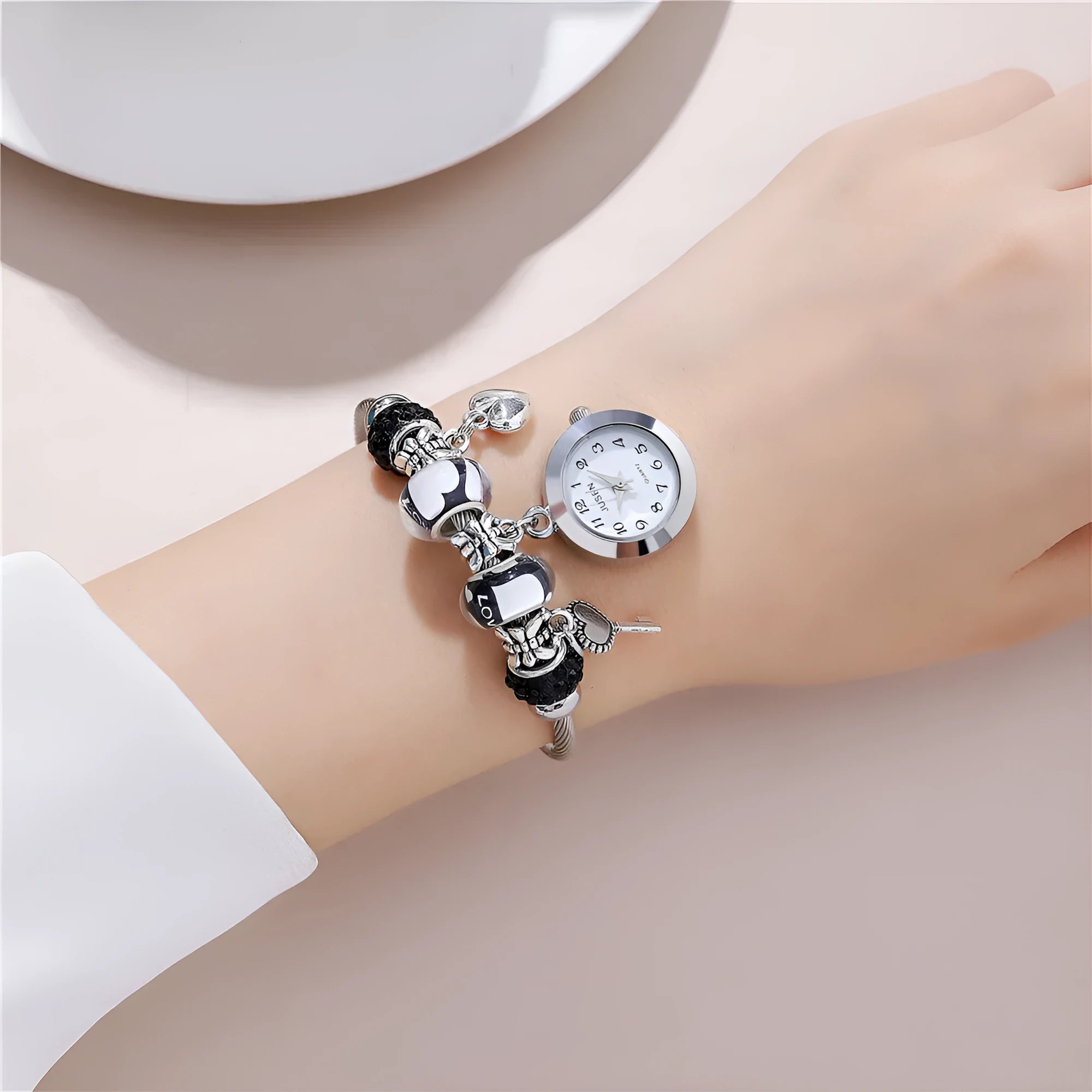 Women's bangle quartz watch with love heart key pendant, alloy strap, 2.1 cm dial, black colour
