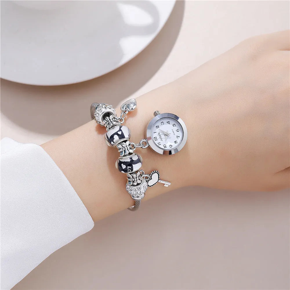 Women's bangle quartz watch with love heart key pendant, alloy strap, 2.1 cm dial, black colour