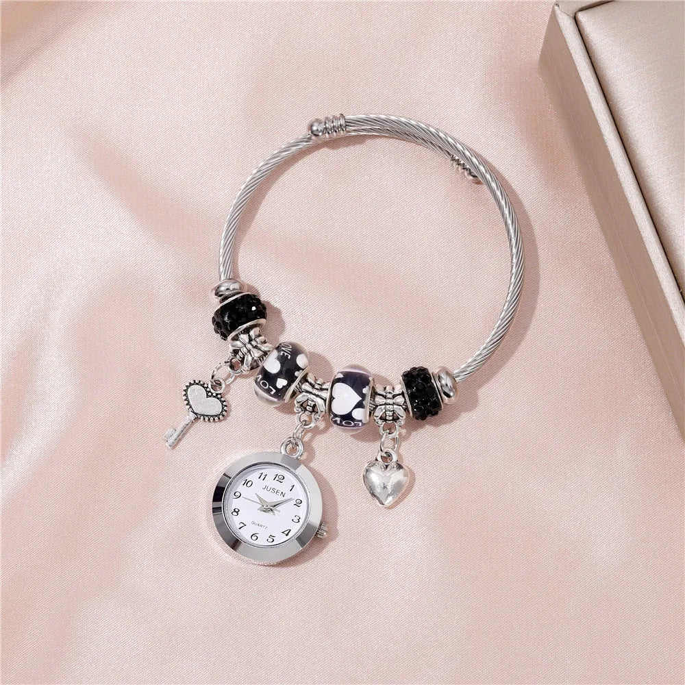 Women's bangle quartz watch with love heart key pendant, alloy strap, 2.1 cm dial, black colour