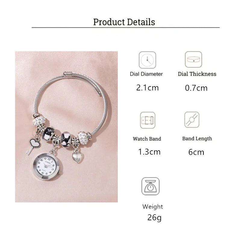 Women's bangle quartz watch with love heart key pendant, alloy strap, 2.1 cm dial, black colour