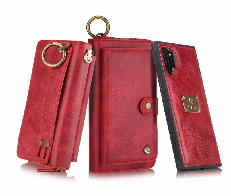 Black PU mobile phone wallet case with a zip closure, shown next to a credit card.