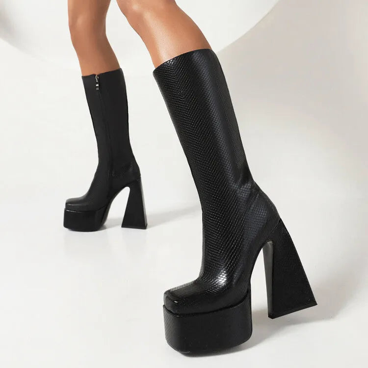 Women's black casual high boots with round toe and artificial PU leather upper, shown from the side.