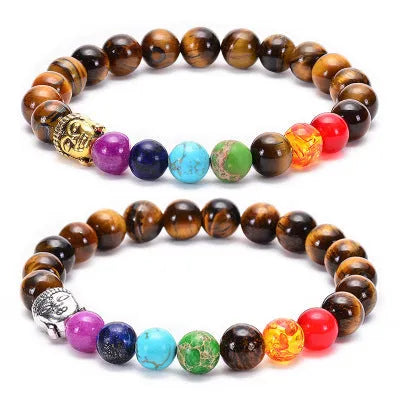 Seven chakra beaded bracelet with natural stone and tiger eye beads, adjustable rope, unisex design.