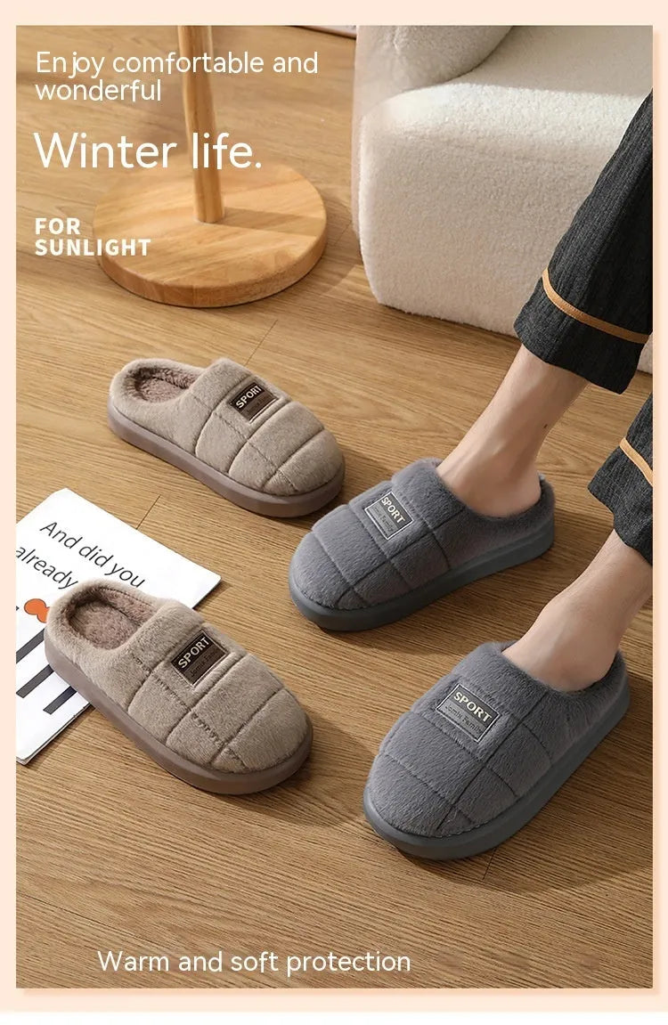 Grey and brown plaid men's winter slippers with thick sole and wool lining.