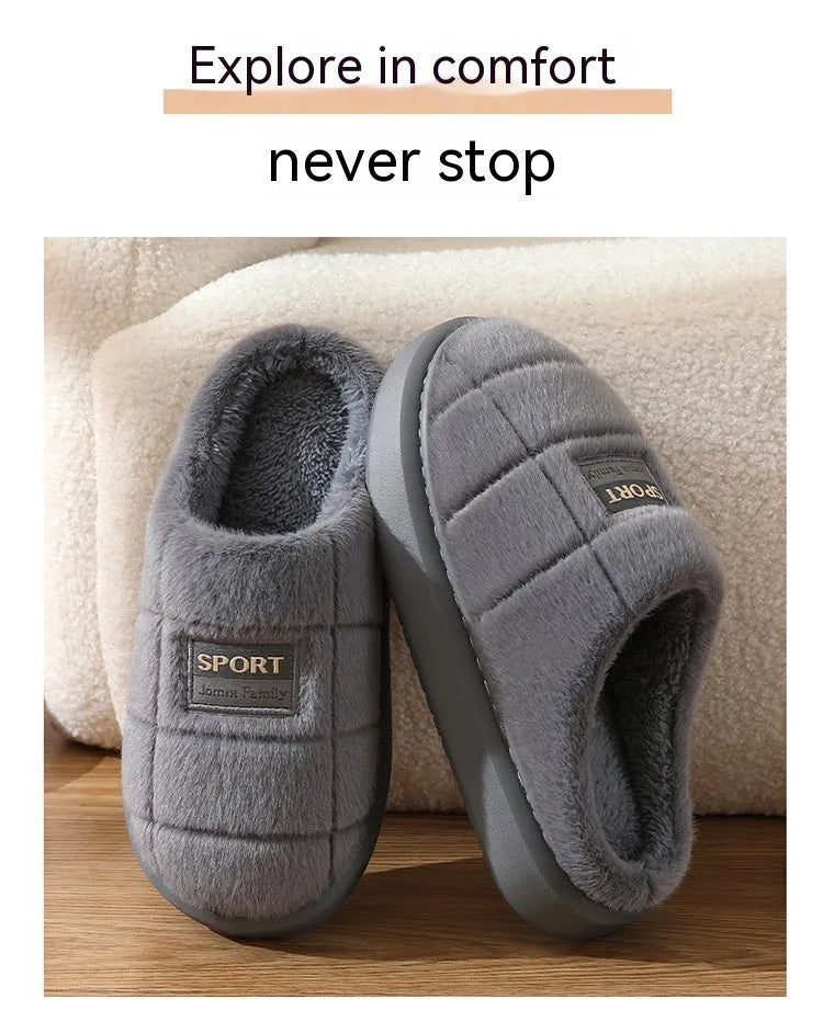 Grey and brown plaid men's winter slippers with thick sole and wool lining.