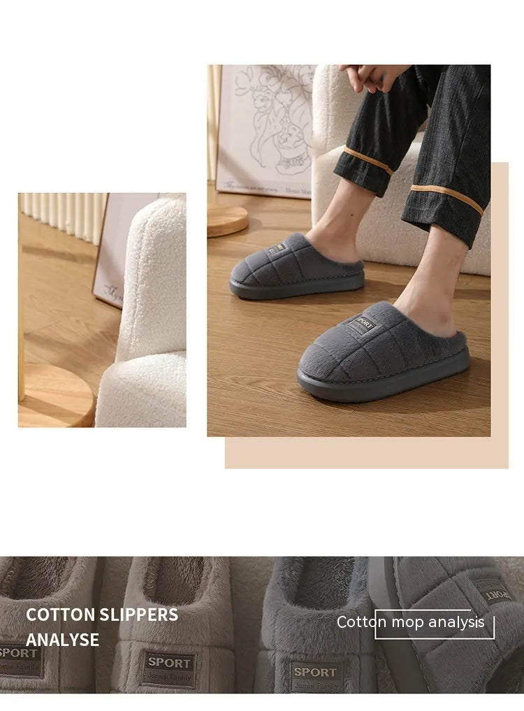 Grey and brown plaid men's winter slippers with thick sole and wool lining.