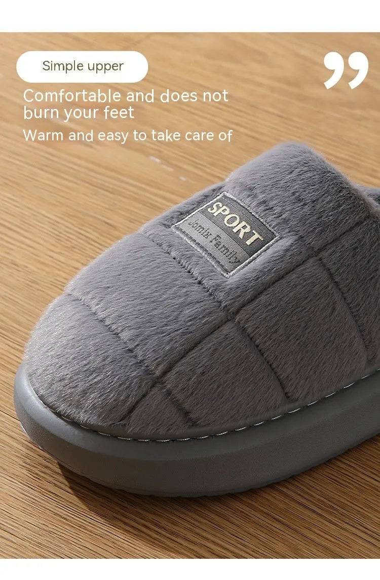 Grey and brown plaid men's winter slippers with thick sole and wool lining.