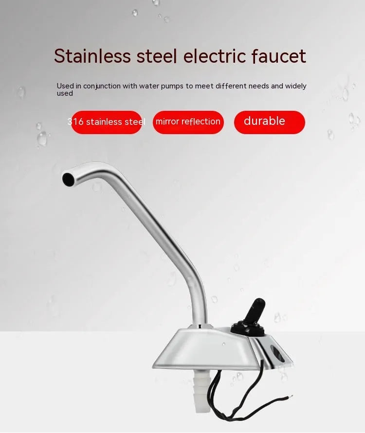 Electronic control RV kitchen faucet in mirror-polished 316 stainless steel with rotating spout.
