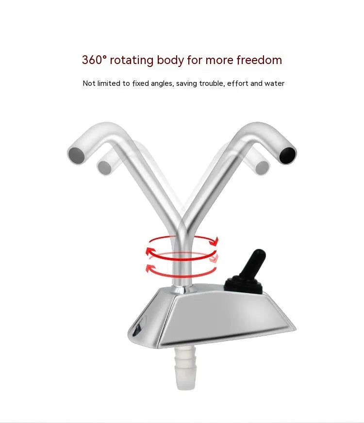 Electronic control RV kitchen faucet in mirror-polished 316 stainless steel with rotating spout.