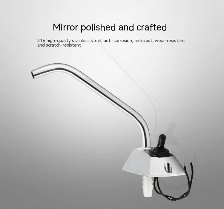 Electronic control RV kitchen faucet in mirror-polished 316 stainless steel with rotating spout.