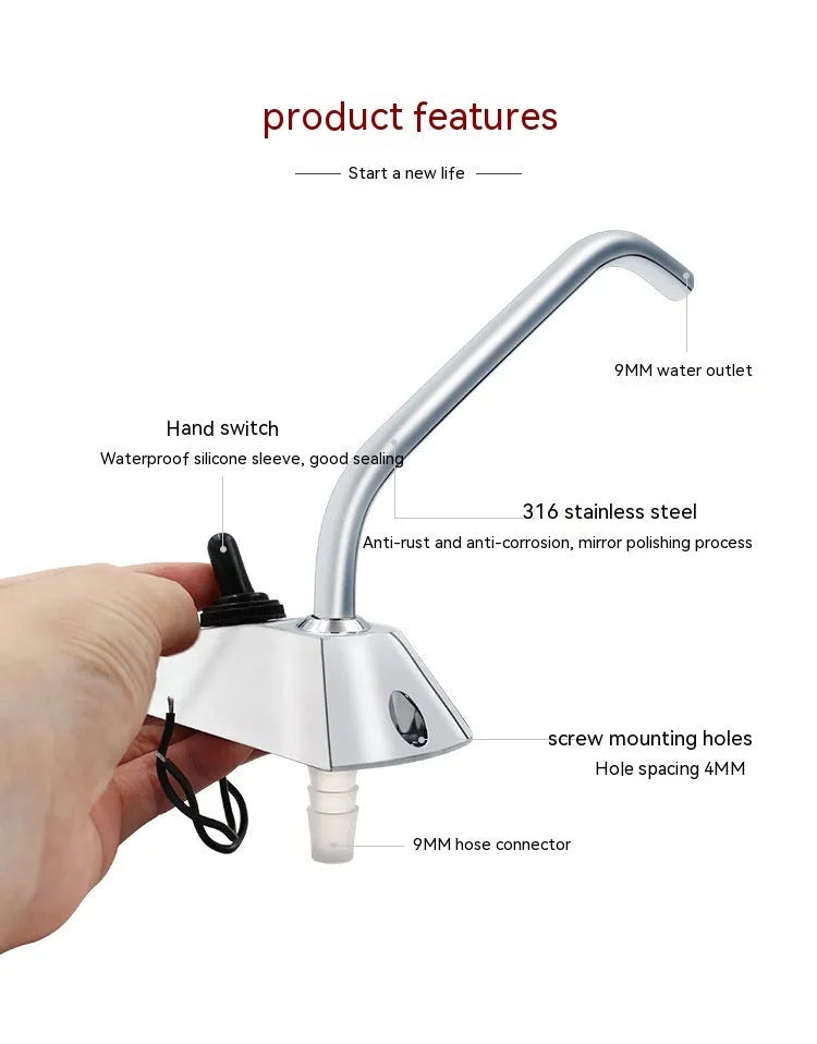 Electronic control RV kitchen faucet in mirror-polished 316 stainless steel with rotating spout.