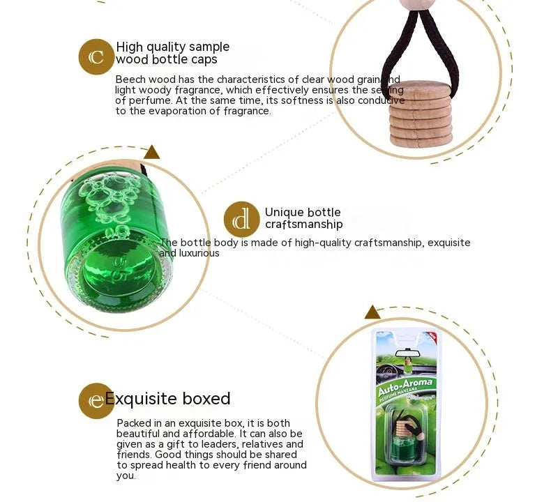 Glass bottle car air freshener hanging ornament with 55g fragrance options including lavender, lemon, apple, strawberry, ocean, and floral scents