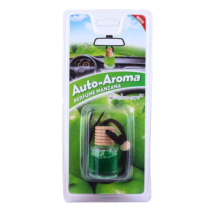 Glass bottle car air freshener hanging ornament with 55g fragrance options including lavender, lemon, apple, strawberry, ocean, and floral scents