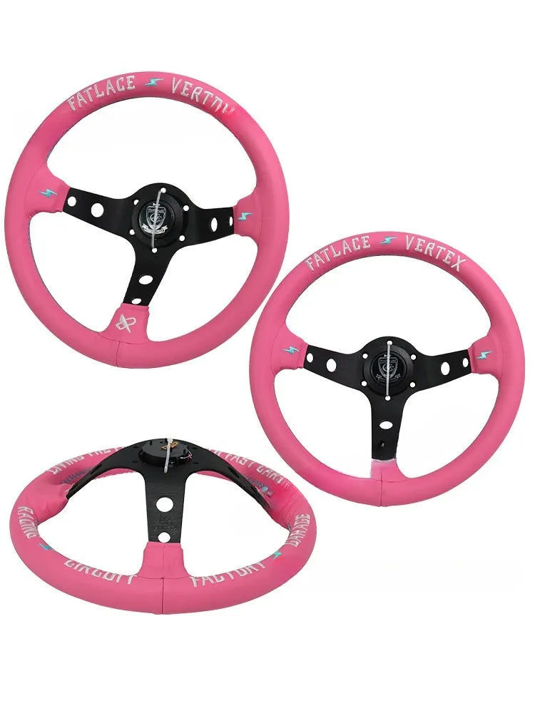 13-inch pink leather steering wheel with double-sided embroidery and aluminium alloy bracket