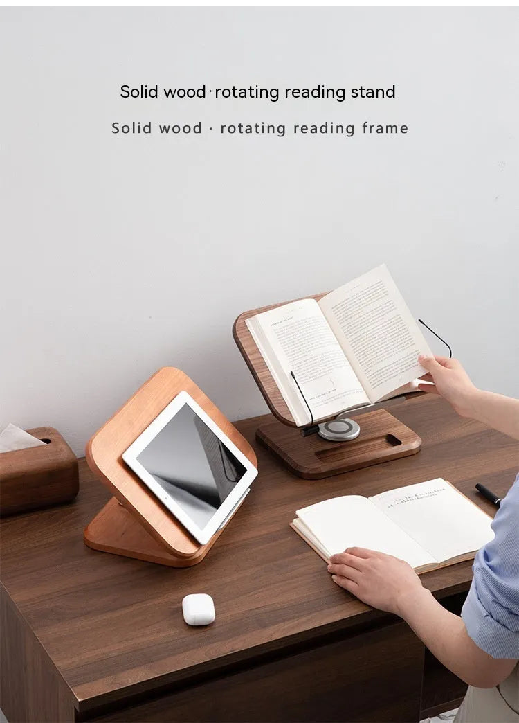 Solid wood adjustable reading rack in walnut colour holding a book on a table.