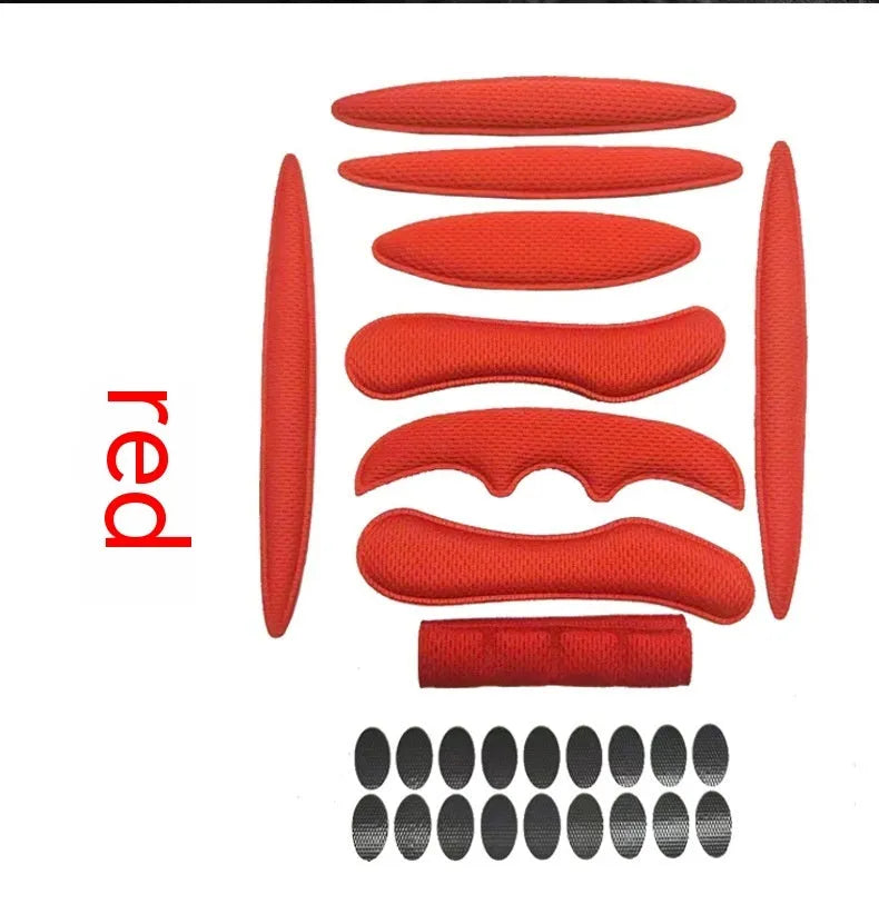 Cycling helmet lining with breathable sponge and velcro chin pad in blue, black, red, and grey colour options