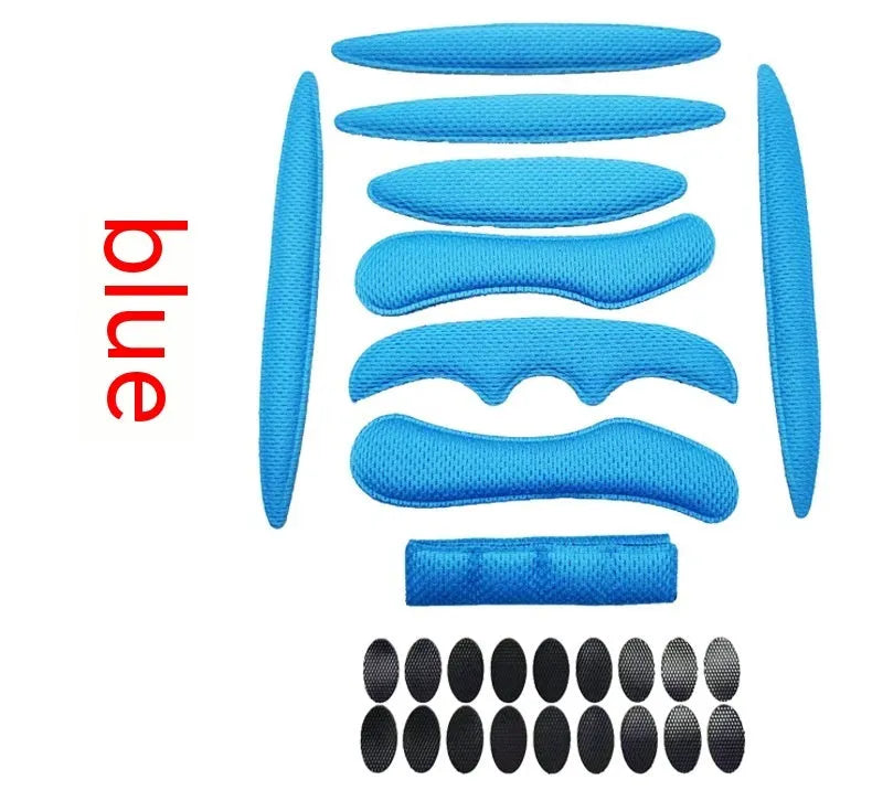 Cycling helmet lining with breathable sponge and velcro chin pad in blue, black, red, and grey colour options