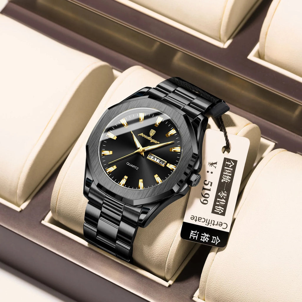 Men's slim stainless steel quartz watch on wrist showing gold and blue colour variant.