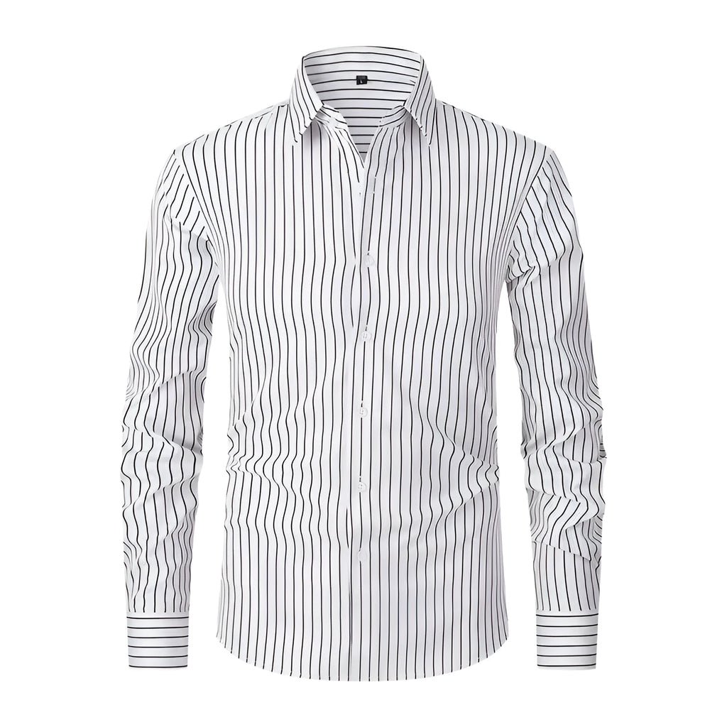 Men's striped long sleeve slim fit business shirt in a polyester blend fabric on a hanger.