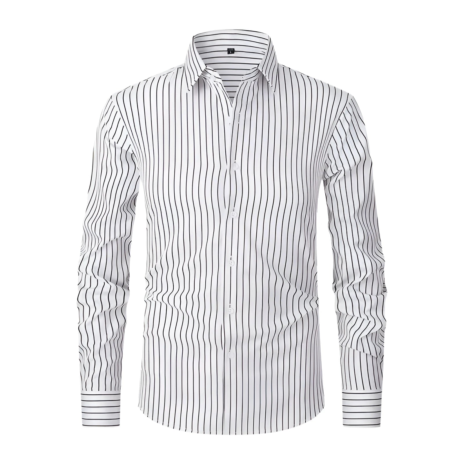 Men's striped long sleeve slim fit business shirt in a polyester blend fabric on a hanger.