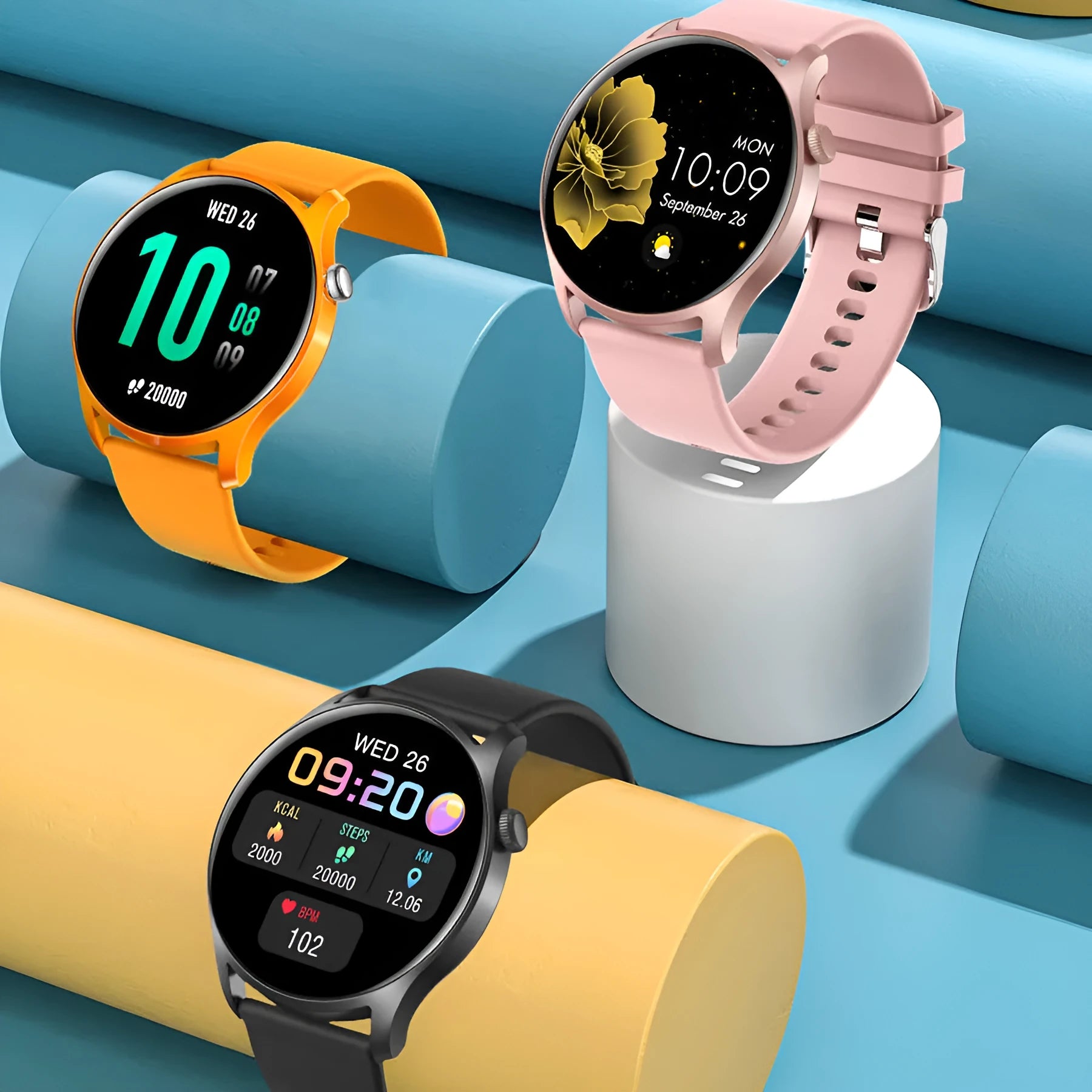 Smart watch with colour screen displaying heart rate and blood pressure metrics on silicone wristband