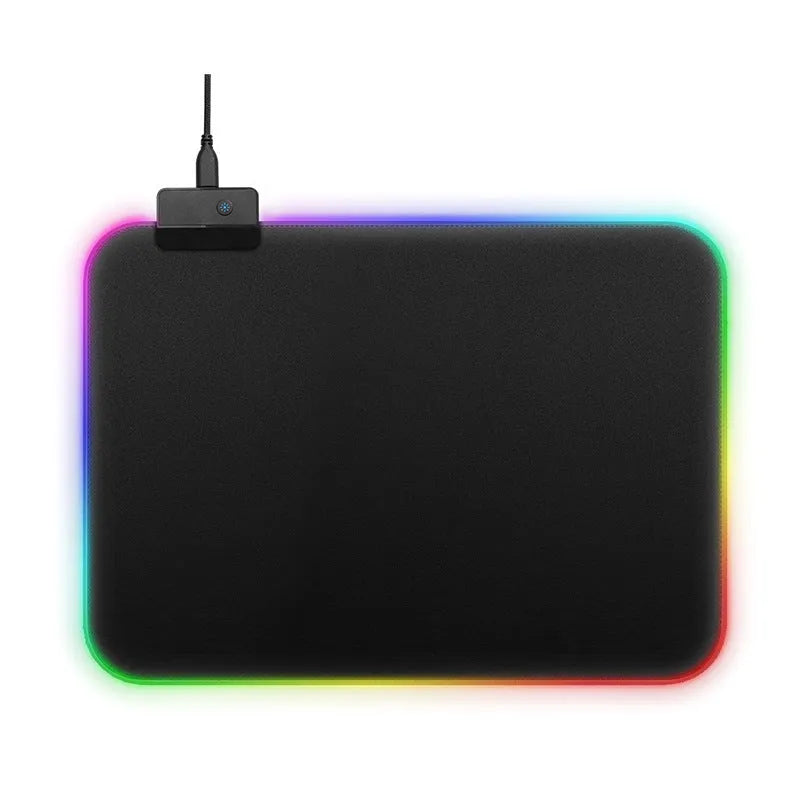 RGB gaming mouse pad extra large 800x300mm with smooth cloth surface and non-slip rubber base, showing blue lighting along edges