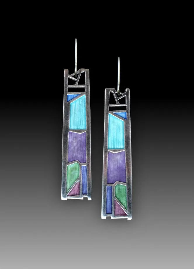 Silver water drop shaped alloy earrings with irregular oil colour electroplated finish
