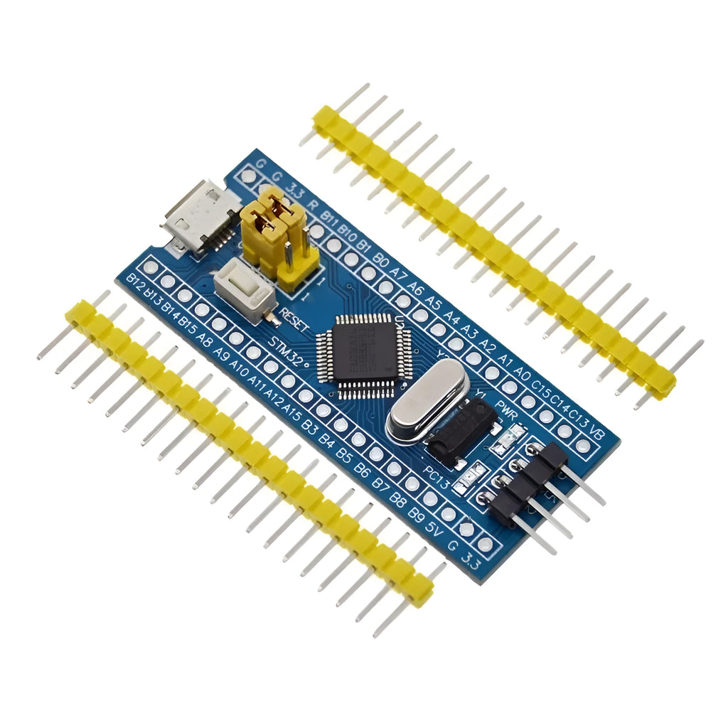 STM32F103C8T6 ARM STM32 minimum system development board module showing microcontroller chip, USB port, and pin headers.
