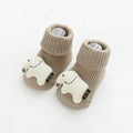 Baby socks with non-slip soles in combed cotton, showing colour options and size chart
